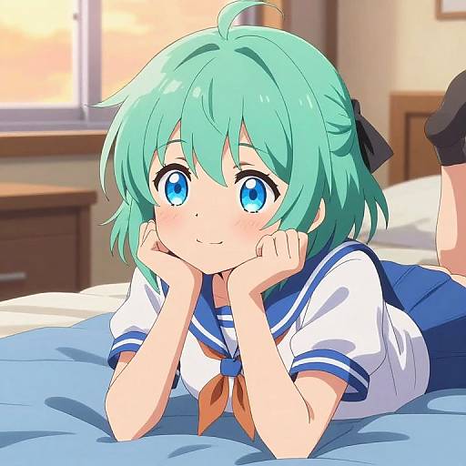 Anime-style digital drawing of a green-haired girl with large blue eyes, lying on a bed in a blue sailor uniform. She rests her chin on her