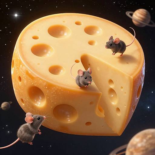 Digital illustration of three gray mice exploring a glowing, orange, Swiss cheese-like planet in a starry space with distant planets.
