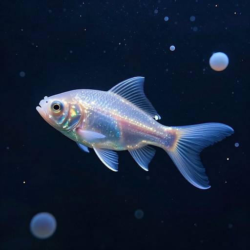 Photograph of a vibrant, iridescent blue fish with shimmering scales, floating in a dark, starry ocean background with small bubbles.