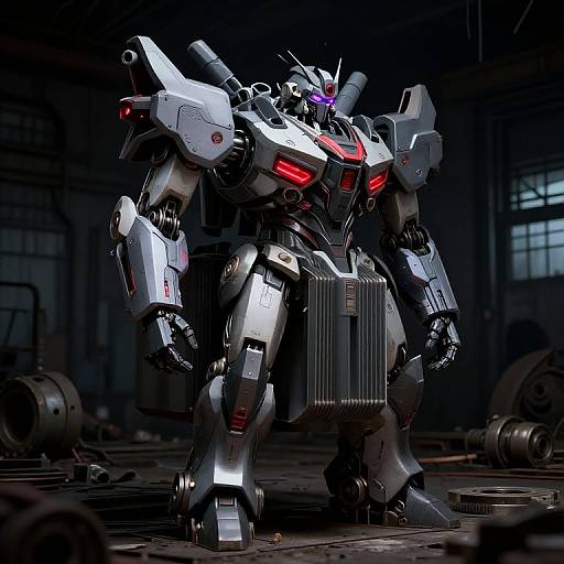 CGI image of a towering, white and red, robotic mecha with glowing red eyes and purple headlight in a dim, industrial warehouse.