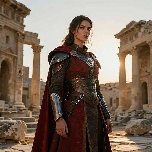Photograph of a strong, dark-haired woman in medieval armor and red cape, standing in a sunlit, ruined ancient Roman amphitheater.
