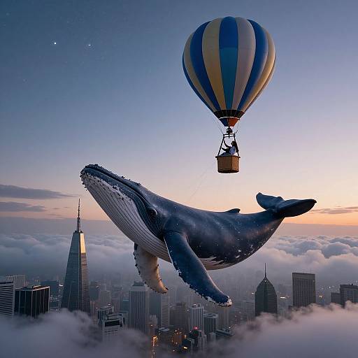 Photorealistic digital art: giant blue whale with detailed texture flying above New York City, beside a striped hot air balloon. Cityscape with skyscrap