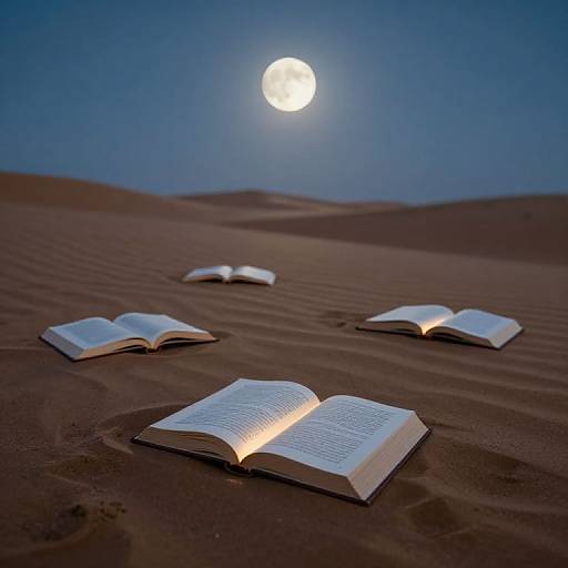 Photograph of four open books glowing under a full moon in a vast, dark desert with rippled sand dunes.