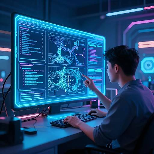 Photograph of a man with short brown hair, wearing a gray shirt, intensely working on a glowing blue-lit computer screen displaying intricate circuit diagrams and