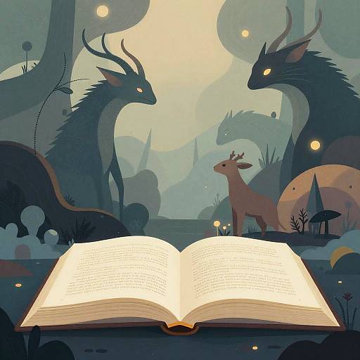 Digital illustration of an open glowing book in a mystical forest, surrounded by dark, glowing-eyed dragons and a deer, with floating candles and a moonlit