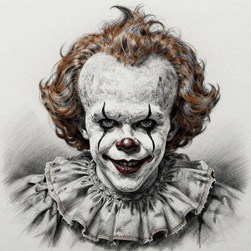 Digital drawing of a creepy clown with white face paint, red nose, black eyebrows, and ruffled collar; orange curly hair, sinister smile. Mon