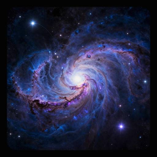 Photograph of a vibrant spiral galaxy with a bright white core, surrounded by swirling blue and purple nebulae, set against a dark, star-filled
