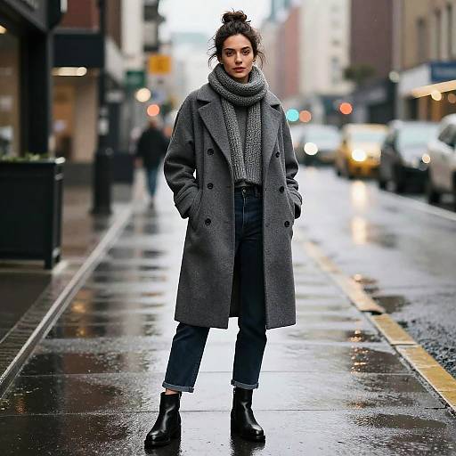Confident Woman in Rainy Cityscape