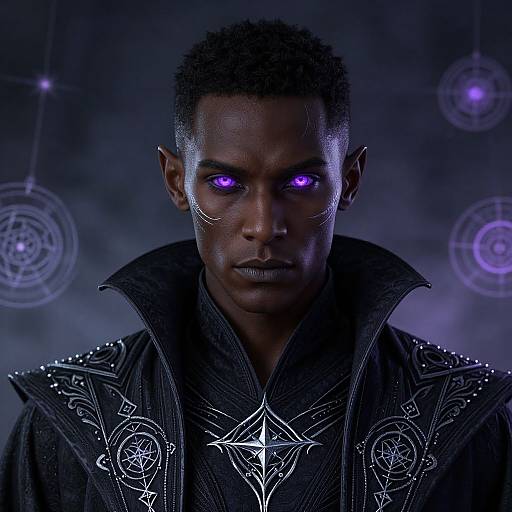 Photograph of a dark-skinned man with glowing purple eyes, short curly hair, wearing a black, intricately patterned robe with magical symbols,