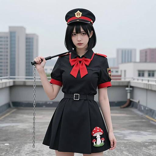 Asian Woman in Military-Style Uniform on Rooftop