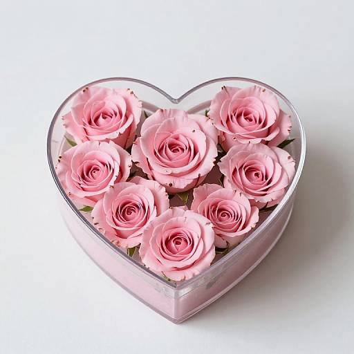 Photograph of a heart-shaped glass box filled with nine pink roses, positioned against a white background. Roses have soft pink petals and green stems.
