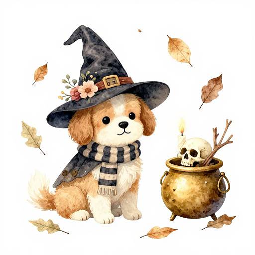 Whimsical Witch Dog with Cauldron