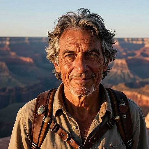 Photograph of an older man with gray hair and beard, smiling, wearing a beige shirt and brown harness, in front of a sunlit Grand Canyon