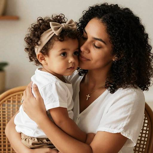 Mother Hugging Child with Curly Hair