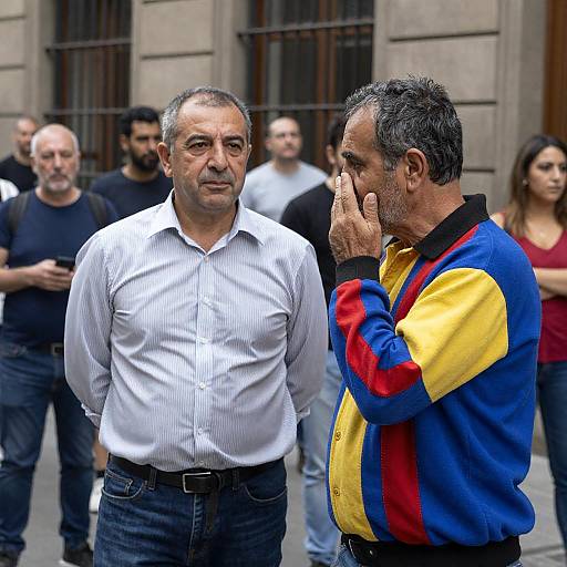 Two Men Talking in Urban Street Scene