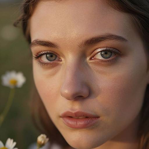 Close-up photograph of a young woman with fair skin, blue eyes, brown eyebrows, and brown hair, looking directly at the camera, with a blurred