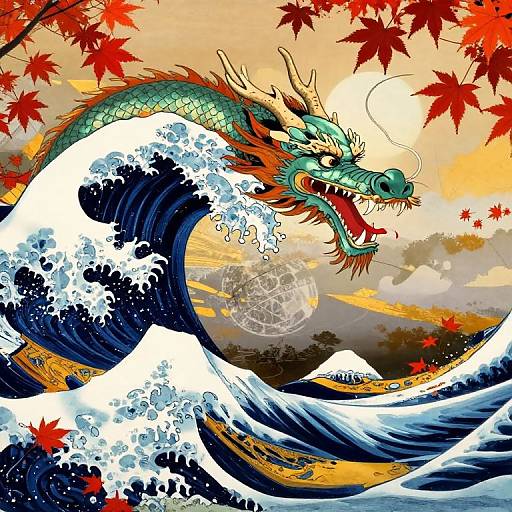 Digital art: Green dragon with sharp teeth emerges from blue ocean wave, surrounded by red leaves and sunset. Japanese-inspired style.