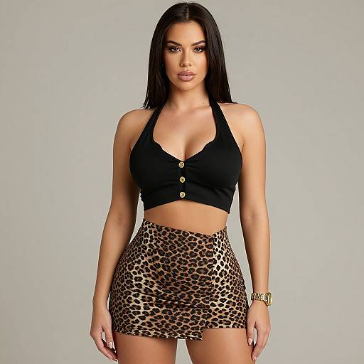 Photograph of a woman with long black hair, wearing a black halter crop top with gold buttons and a leopard print mini skirt, against a plain