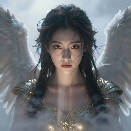 Digital artwork of a beautiful, stern-faced woman with long black hair, angel wings, and golden armor, set against a glowing, cloudy sky background.