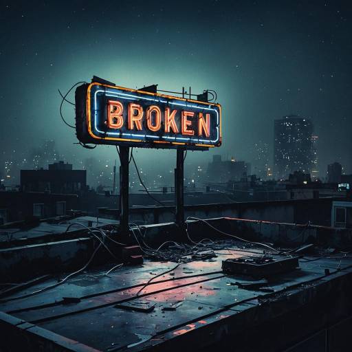 Broken Neon Sign on Foggy Rooftop at Night Broken Neon Sign on Foggy Rooftop at Night