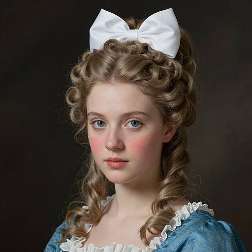 Photograph of a young Caucasian girl with curly brown hair, blue eyes, pink cheeks, and a white bow, wearing a blue dress with white lace