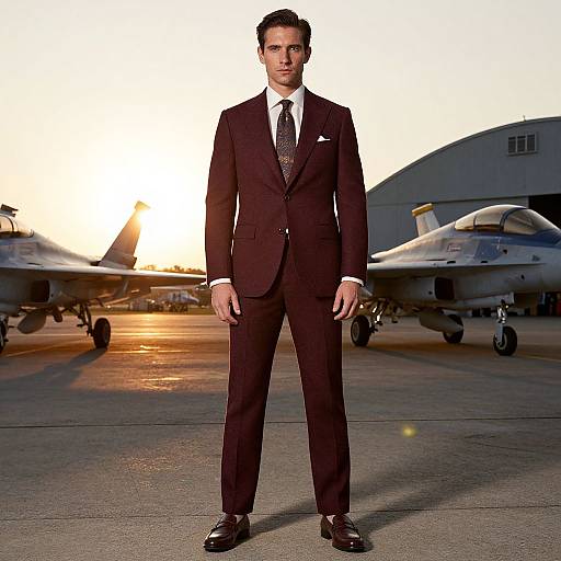 Photograph of a handsome man in a dark brown suit standing confidently in front of two military jets at sunset.