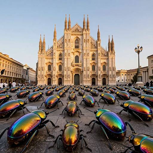 Photograph: Gothic cathedral with intricate spires, surrounded by rows of iridescent, rainbow-colored robotic beetles on a cobblestone plaza.