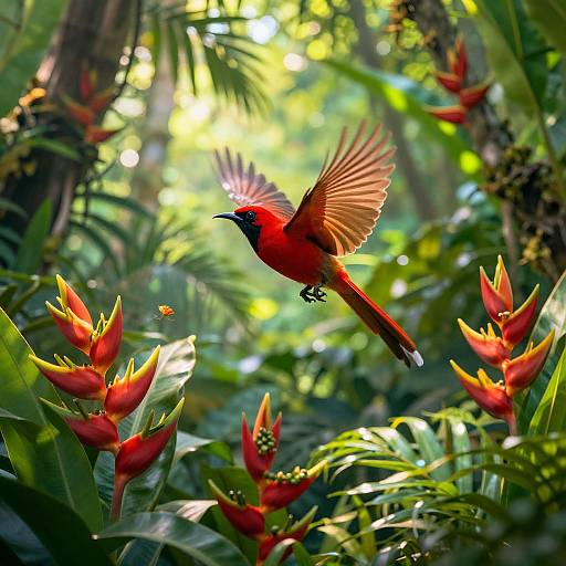 Red Bird Flying Over Tropical Jungle