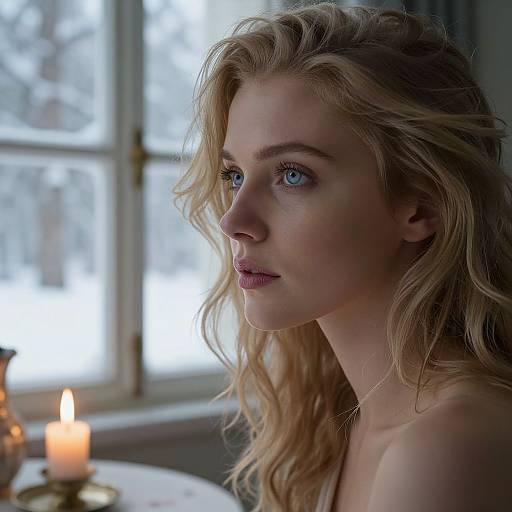 Photograph of a blonde woman with wavy hair, blue eyes, and fair skin, gazing thoughtfully at a candlelit window.