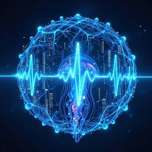 Digital art of a glowing blue spherical network with neon lines and a pulsating ECG heartbeat in the center.