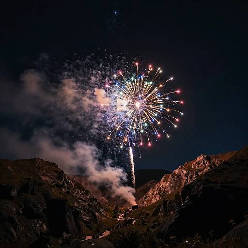 Photograph of vibrant fireworks exploding over dark, rocky mountains at night, with colorful sparks and trails of smoke illuminating the sky.
