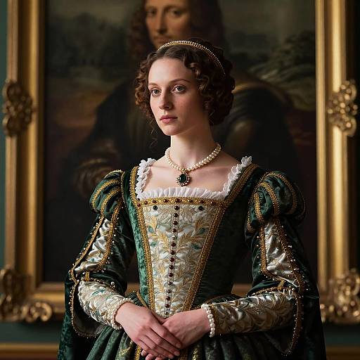 Woman in Renaissance Costume Posing with Classical Portrait