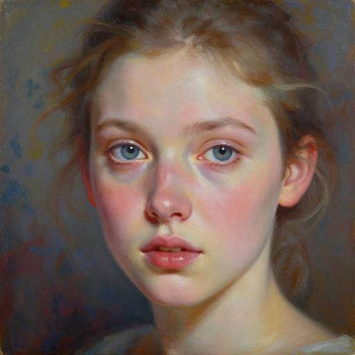 Digital painting of a young woman with fair skin, blue eyes, and wavy brown hair. She has a soft, pink blush on her cheeks and