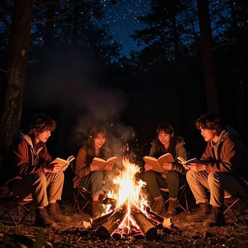 Photograph of three young people with curly hair sitting around a campfire in a dark forest at night, reading books, surrounded by starry sky.