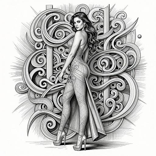 Black-and-white digital illustration of a confident, curvy woman in a glittery, backless jumpsuit, standing against intricate, swirling patterns.