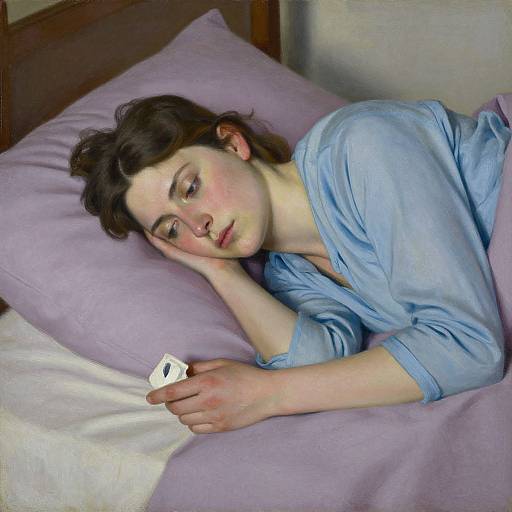Photograph of a young woman with fair skin and brown hair, lying on a purple pillow, wearing a light blue shirt, holding a white smartphone,