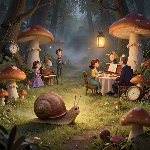Whimsical forest scene: children and adults play music, snail, giant mushrooms, clock, lantern, misty night, enchanting, fairy