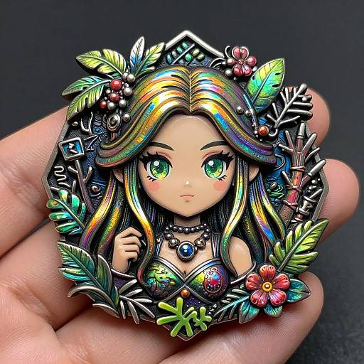 Photograph of a colorful, detailed, chibi-style enamel pin featuring a green-eyed girl with rainbow hair, surrounded by metallic leaves, flowers, and