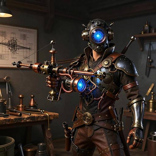 Cyborg soldier in dark workshop, wearing metallic armor with glowing blue eyes and gun, holding futuristic weapon. Dimly lit, industrial background. Photoreal