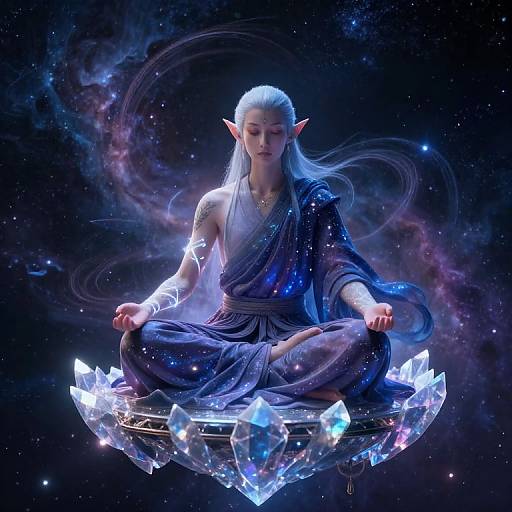 Digital artwork of a blue-skinned, elven meditator with long white hair, glowing tattoos, and a dark blue robe, seated on a