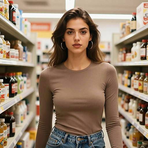 Photograph of a young woman with long dark hair, brown long-sleeve top, and high-waisted jeans, standing in a brightly lit