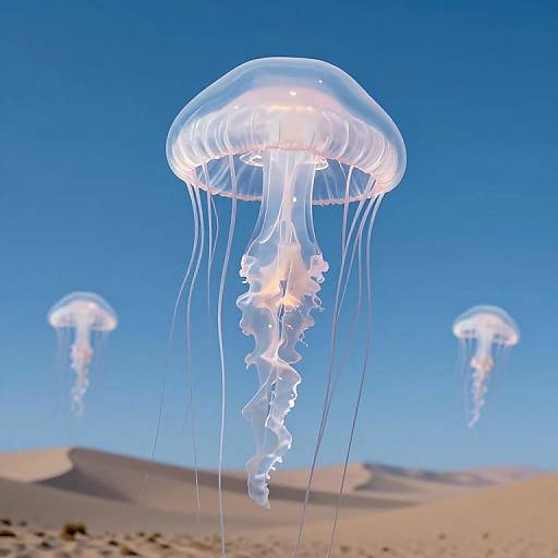 Photograph of three transparent jellyfish with glowing white interiors, floating in a clear blue sky above a sandy desert.