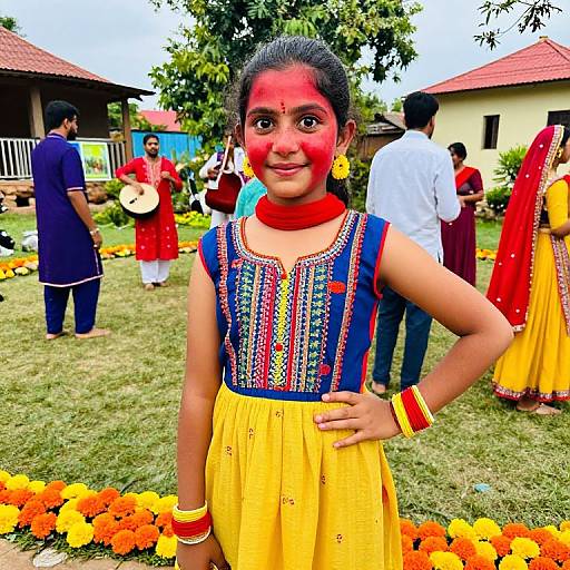 Photograph of a young Indian girl with bright red face paint, wearing a colorful embroidered dress, yellow skirt, red choker, and yellow earrings,