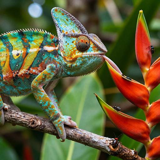 Vibrant photograph of a colorful chameleon with turquoise, orange, and yellow scales, perched on a branch next to red heliconia flowers