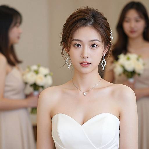 Photograph of an Asian bride with fair skin, dark hair in an updo, wearing a strapless white wedding dress and diamond earrings, standing in