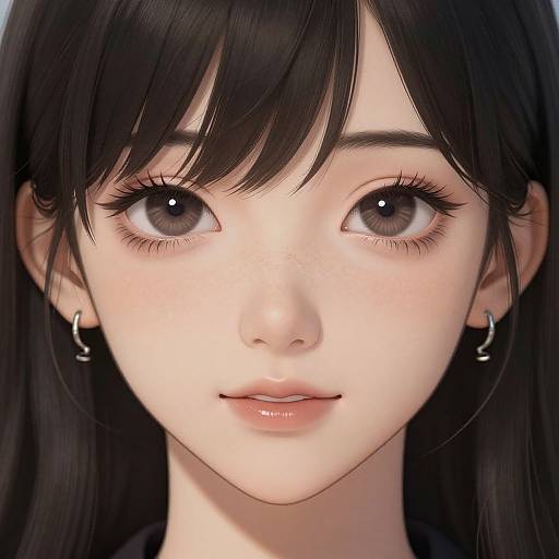 Digital anime-style portrait of a young woman with large, expressive brown eyes, black hair, subtle freckles, and small silver hoop earrings.