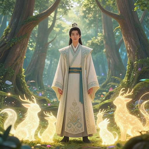 Digital artwork of an Asian male in a white, ornately embroidered kimono, standing in a magical forest with fire flames and sunlight filtering through tall trees