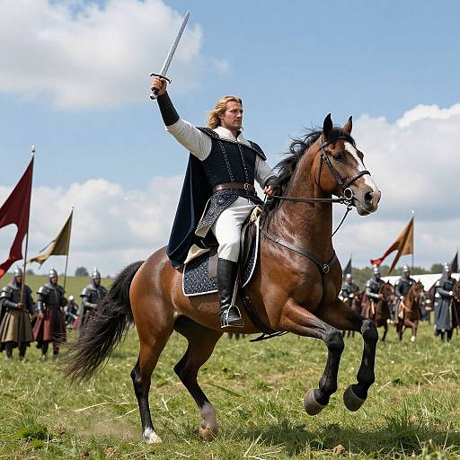 Photograph of a medieval knight with blonde hair, wearing black and white armor, riding a brown horse, raising a sword in a grassy field with