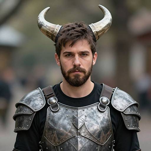 Photograph of a bearded man with dark hair, wearing metallic horned helmet and silver armor, standing in a blurred urban background.