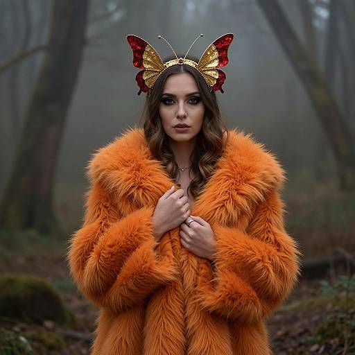 Photograph of a woman in an orange fur coat, wearing a gold and red butterfly headpiece, standing in a foggy forest.